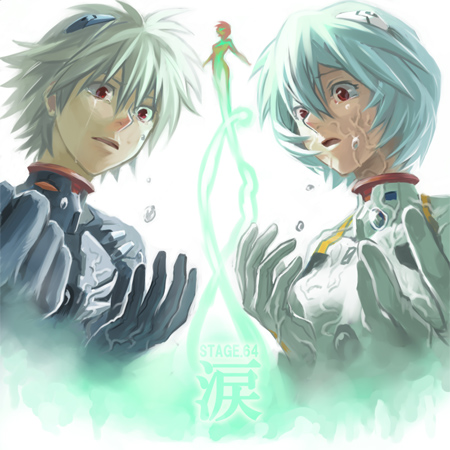 yukihiko, ayanami rei, nagisa kaworu, neon genesis evangelion, neon genesis evangelion (manga), lowres, 1boy, 1girl, blue hair, mecha pilot suit, pale skin, plugsuit (evangelion), red eyes, short hair, tears, white hair