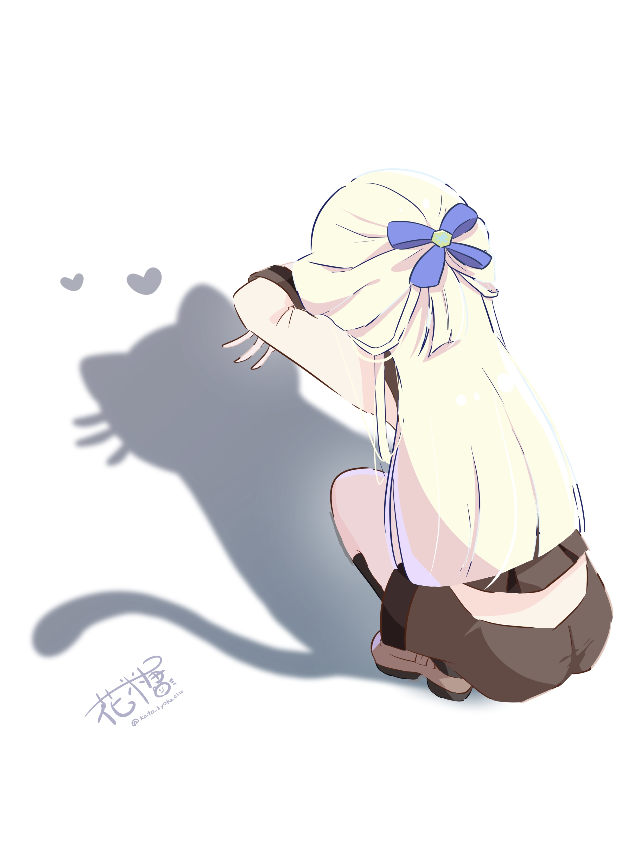 nekoyashiki yuki, precure, wonderful precure!, absurdres, commentary request, highres, 1girl, artist name, back, blonde hair, cat shadow puppet (meme), hair ornament, long hair, meme, padallae, school uniform, second wangan school uniform, shadow, signature, simple background, solo, twitter username, white background