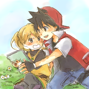yuko (pixiv271621), red (pokemon), yellow (pokemon), nintendo, pokemon, pokemon adventures, lowres, md5 mismatch, 1boy, 1girl, hat, notebook