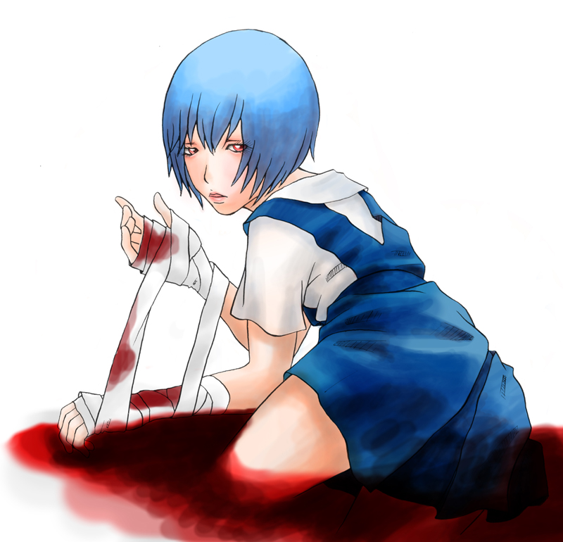 ayanami rei, neon genesis evangelion, bandages, blood, blue hair, red eyes, school uniform, serafuku, short hair, solo