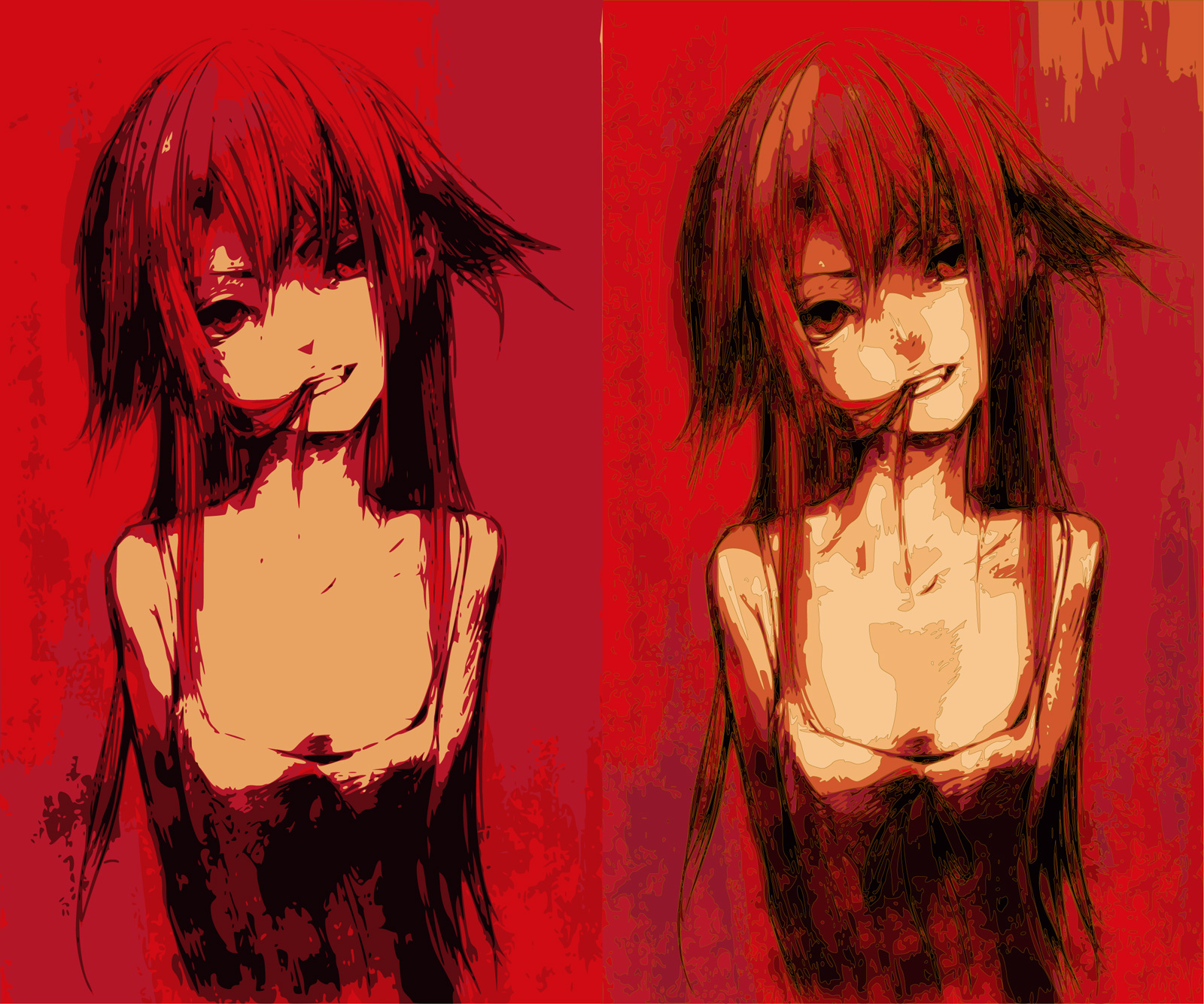 redjuice, saya (saya no uta), saya no uta, highres, 1girl, grin, hair in own mouth, mouth hold, red theme, smile