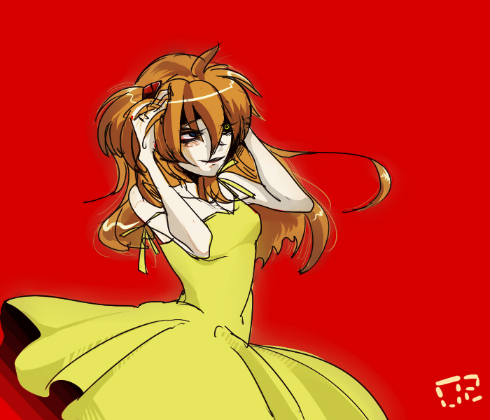 souryuu asuka langley, neon genesis evangelion, 1girl, crazy eyes, dress, female focus, red background, red hair, solo, yellow dress