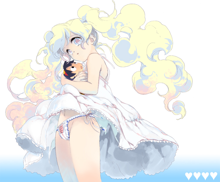 kanke (yonkuma), nia teppelin, simon (ttgl), tengen toppa gurren lagann, 00s, 1boy, 1girl, bow, curly hair, dress, frilled panties, frills, hetero, hug, long hair, multicolored hair, panties, thong, twintails, underwear, very long hair, wind, wind lift