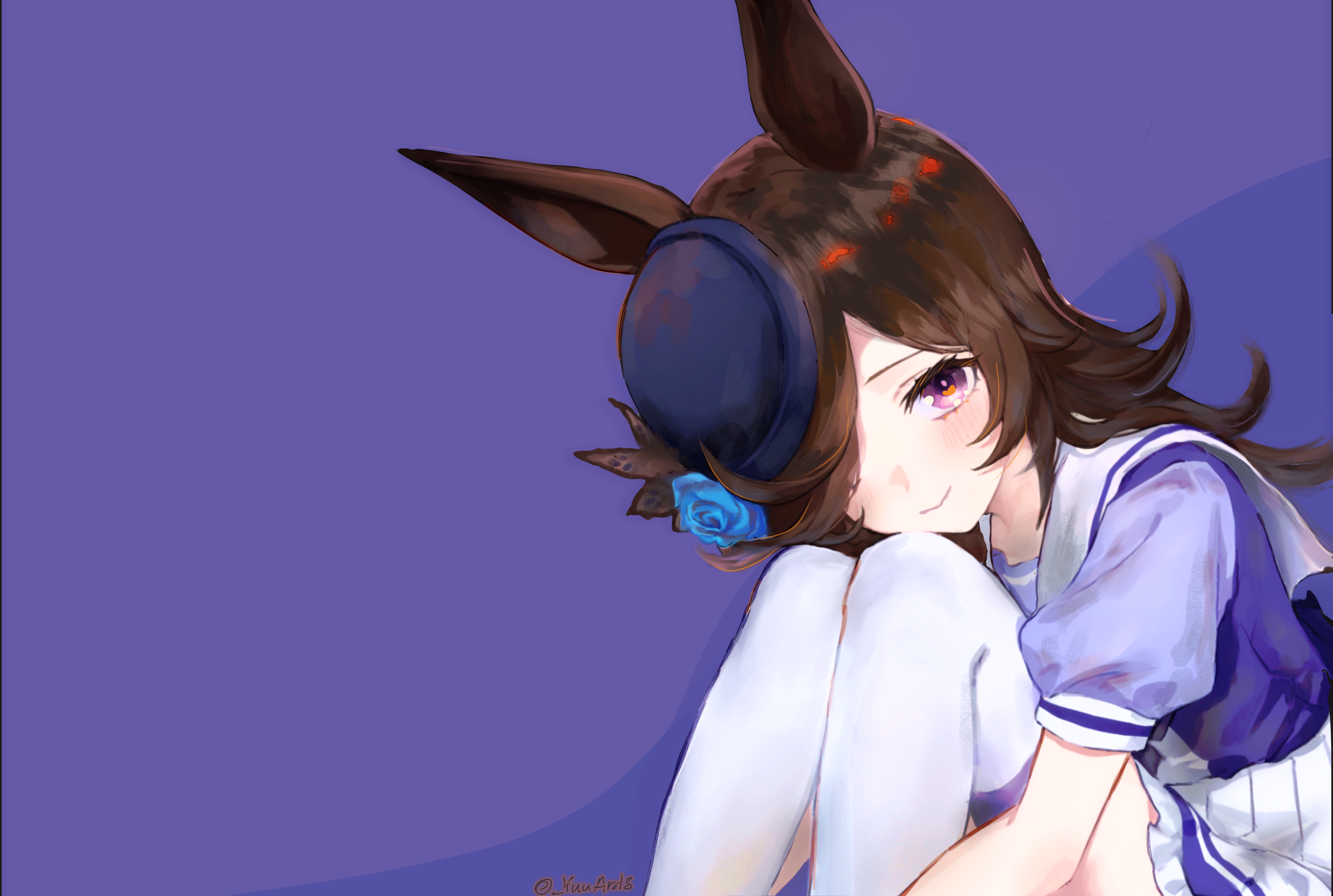 rice shower (umamusume), umamusume, absurdres, highres, 1girl, blue flower, blue hat, blush, brown hair, closed mouth, flower, hair over one eye, hat, hat flower, long hair, looking at viewer, purple eyes, purple shirt, sailor collar, school uniform, shirt, short sleeves, skirt, smile, solo, thighhighs, tracen school uniform, white sailor collar, white skirt, white thighhighs, yuu art