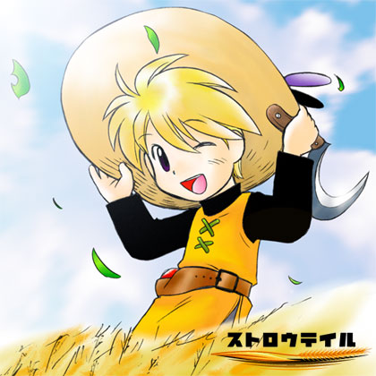 yellow (pokemon), nintendo, pokemon, pokemon adventures, lowres, 1girl, blonde hair, female focus, hat, one eye closed, open mouth, scythe, sickle, smile, solo, wink