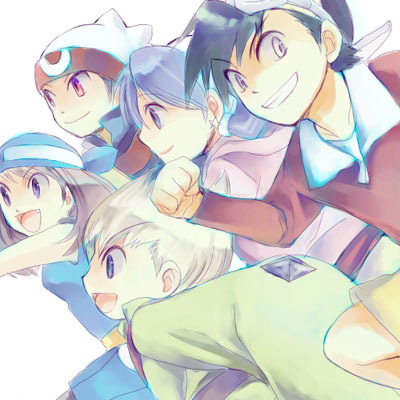 brendan (pokemon), emerald (pokemon), ethan (pokemon), kris (pokemon), may (pokemon), nintendo, pokemon, pokemon adventures, lowres, 2girls, 3boys, bandana, hat, multiple boys, multiple girls, running