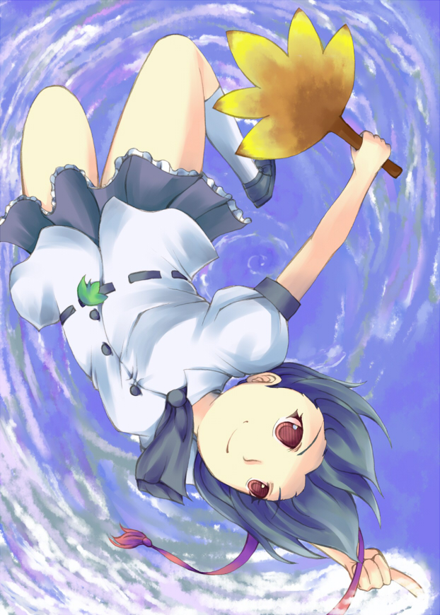 fujiwara tsukasa, shameimaru aya, touhou, looking away, bad id, bad pixiv id, 1girl, black hair, female focus, flying, hat, looking down, short hair, skirt, smile, solo