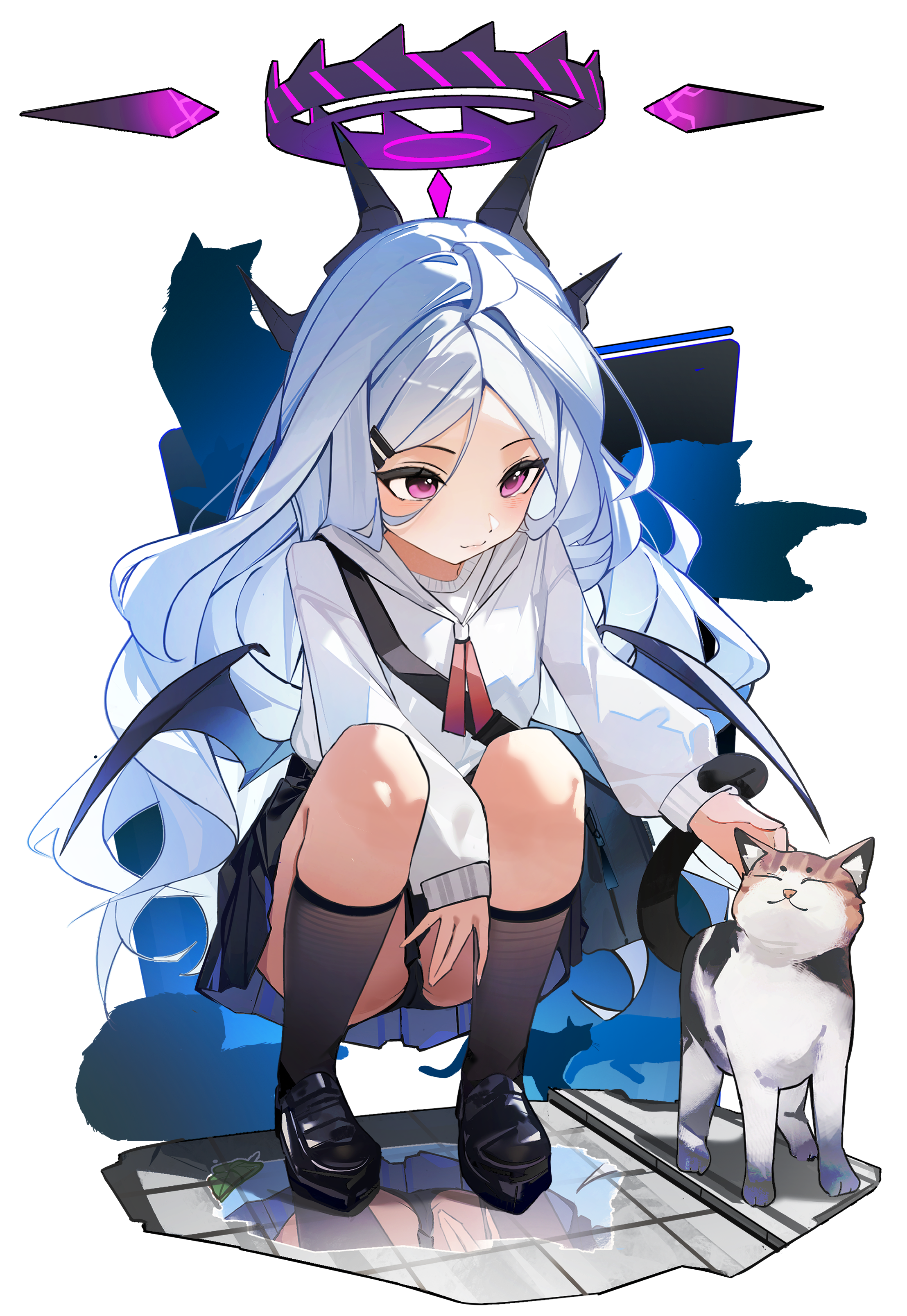 ayu (user xkhp7843), hina (blue archive), blue archive, absurdres, highres, 1girl, ahoge, alternate costume, black panties, black shoes, black skirt, black socks, blush, cat, closed mouth, demon girl, demon horns, demon wings, halo, horns, kneehighs, long hair, panties, petting, purple halo, shoes, skirt, smile, socks, solo, squatting, sweater, underwear, white hair, white sweater, wings