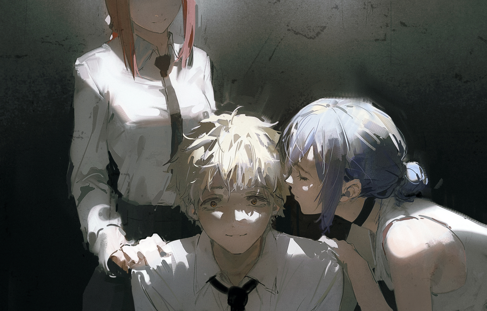 dino (dinoartforame), denji (chainsaw man), makima (chainsaw man), reze (chainsaw man), chainsaw man, commentary, english commentary, highres, 1boy, 2girls, black choker, black necktie, black pants, blonde hair, choker, closed eyes, collared shirt, eyes out of frame, hair bun, hand on another's shoulder, head out of frame, leaning forward, looking at viewer, multiple girls, necktie, pants, purple hair, red eyes, red hair, shirt, short hair, sidelocks, sleeveless, sleeveless shirt, smile, standing, white shirt