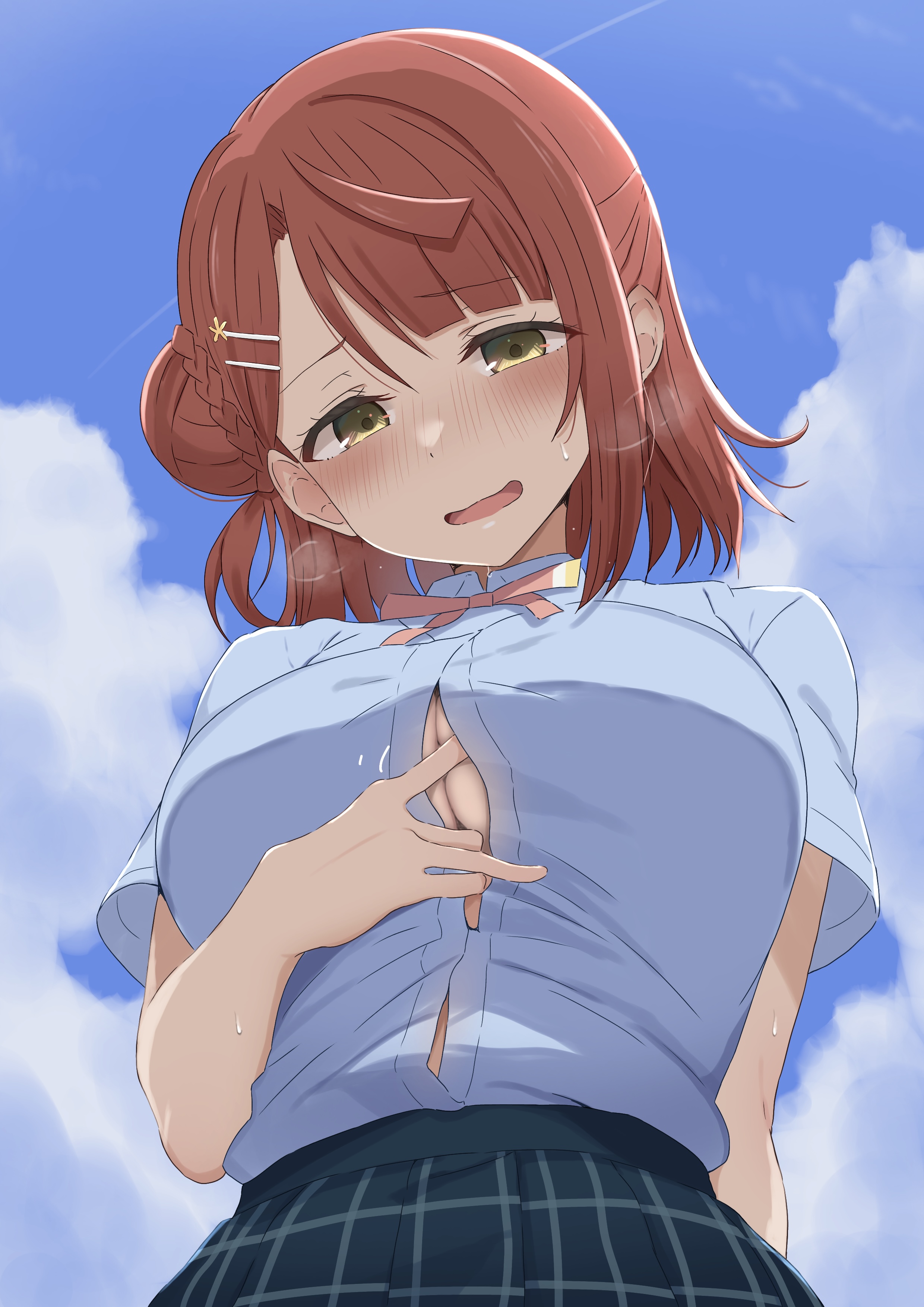 ikesho0612, uehara ayumu, love live!, love live! nijigasaki high school idol club, absurdres, commentary request, highres, paid reward available, 1girl, blue shirt, blue sky, blush, breasts, button gap, cloud, day, hair bun, heavy breathing, large breasts, looking at viewer, outdoors, red hair, shirt, short hair, short sleeves, single hair bun, sky, solo, yellow eyes
