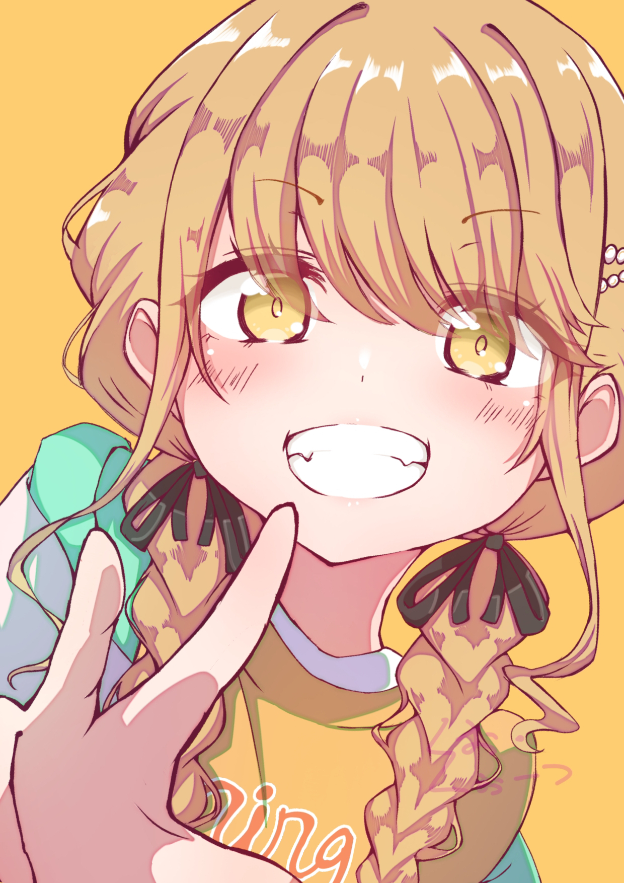 tenoo, fujita kotone, gakuen idolmaster, idolmaster, highres, 1girl, black ribbon, blonde hair, blush, braid, grin, hair ribbon, jacket, jacket partially removed, long hair, looking at viewer, ribbon, shirt, simple background, smile, solo, twin braids, upper body, w, yellow background, yellow eyes, yellow shirt