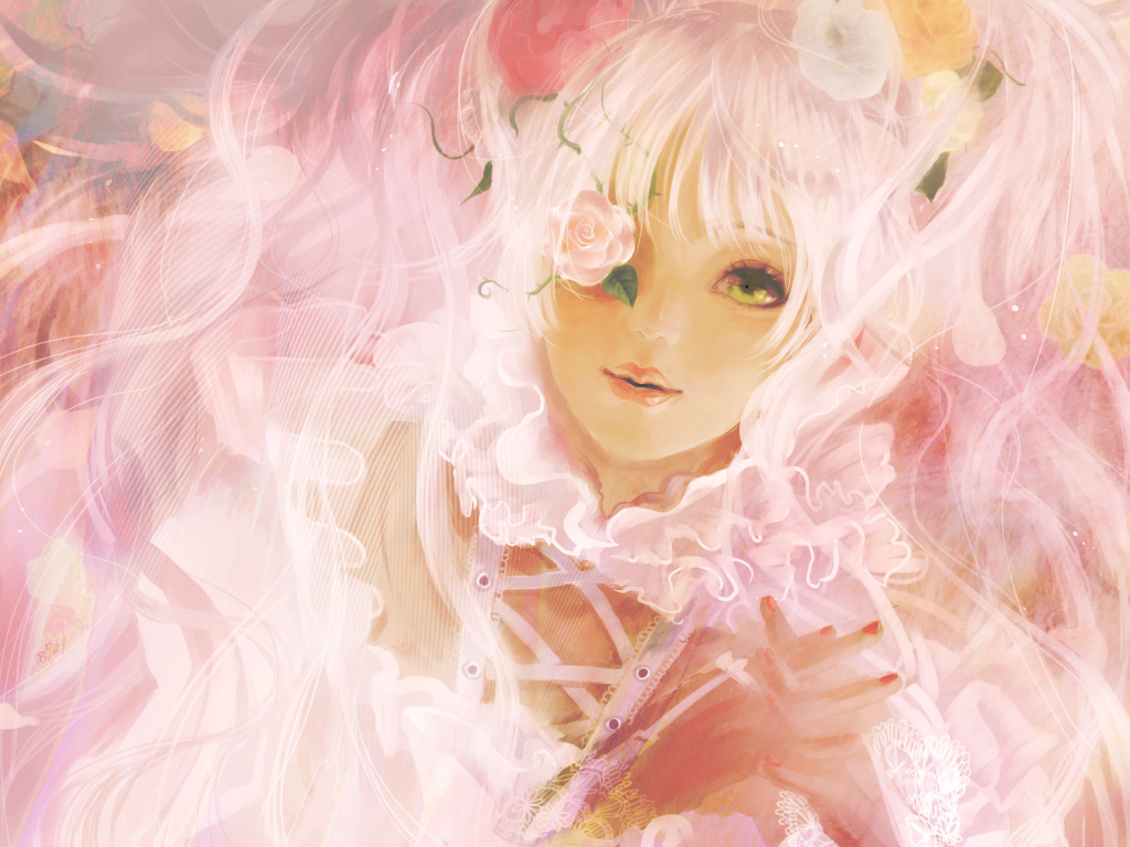 8981, kirakishou, rozen maiden, bad id, bad pixiv id, 00s, dress, eyepatch, flower, frills, long hair, pink hair, rose, solo, yellow eyes