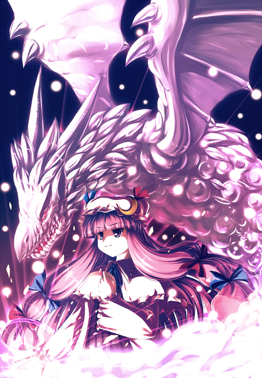 tdk, patchouli knowledge, touhou, highres, 1girl, dragon, female focus, hat, long hair, magic, purple eyes, purple hair, ribbon, solo, standing