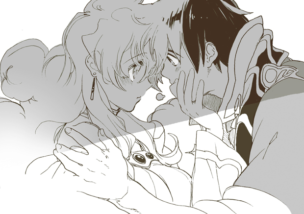 kanke (yonkuma), nia teppelin, simon (ttgl), tengen toppa gurren lagann, 00s, 1boy, 1girl, couple, covered mouth, covering another's mouth, forehead-to-forehead, from side, greyscale, hand on another's head, hand over another's mouth, heads together, hetero, monochrome, simple background, symbol-shaped pupils, white background