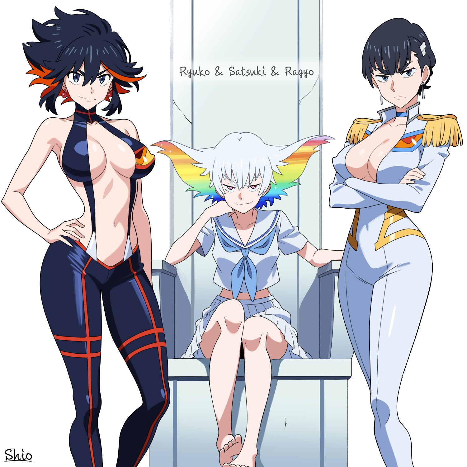 shio (zsp1jqohfr12495), junketsu, kiryuuin ragyou, kiryuuin satsuki, matoi ryuuko, senketsu, kill la kill, highres, 3girls, aged down, aged up, alternate hair length, alternate hairstyle, artist name, bare shoulders, barefoot, black hair, black pants, blue choker, blue eyes, blue neckerchief, bodysuit, breasts, character name, choker, cleavage, colored inner hair, covered navel, cowboy shot, crossed arms, earrings, epaulettes, frown, grey hair, hair ornament, hand on own hip, honnoji academy school uniform, jewelry, large breasts, long hair, looking at viewer, medium hair, miniskirt, mother and daughter, multicolored hair, multiple girls, navel, neckerchief, pants, pleated skirt, purple eyes, rainbow hair, red hair, sailor collar, school uniform, shirt, short hair, siblings, simple background, sisters, sitting on throne, skirt, smile, stomach, streaked hair, suspenders, throne, white background, white bodysuit, white sailor collar, white shirt, white skirt