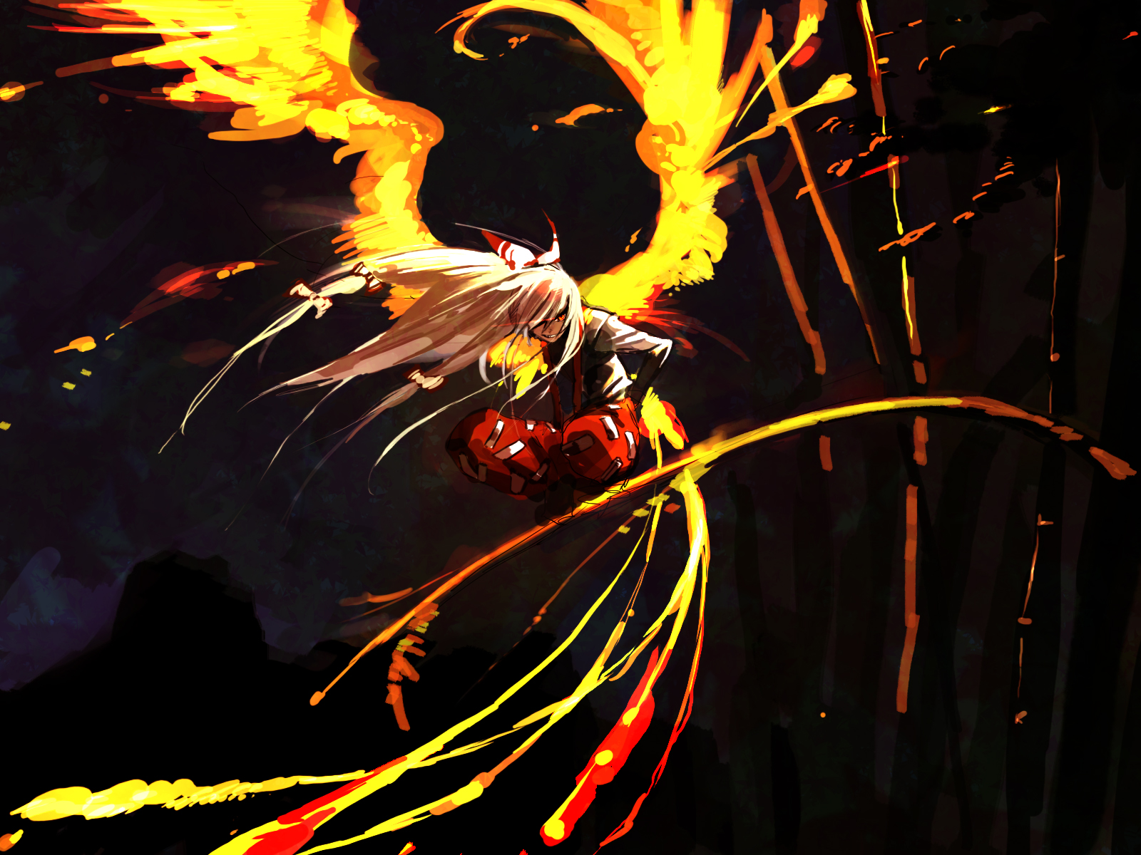 amano hana, fujiwara no mokou, touhou, highres, 1girl, blouse, female focus, fiery wings, fire, grin, hair over one eye, hair ribbon, in tree, light trail, long hair, outdoors, red eyes, ribbon, shirt, smile, solo, tree, very long hair, white hair, white shirt, wings