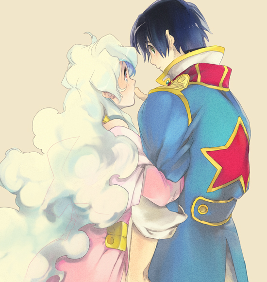 kanke (yonkuma), nia teppelin, simon (ttgl), tengen toppa gurren lagann, 00s, 1boy, 1girl, blue hair, coat, couple, hetero, long hair, multicolored hair, short hair, trench coat, very long hair