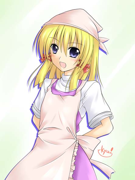kirisaki byakko, moriya suwako, touhou, 1girl, apron, blonde hair, blue eyes, female focus, gradient background, headscarf, pink headscarf, ribbon, solo, white background