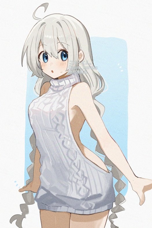corn kuten, kizuna akari, vocaloid, voiceroid, commentary request, 1girl, :o, ahoge, bare arms, bare shoulders, blue background, blue eyes, blush, border, braid, cowboy shot, grey hair, hair between eyes, long hair, looking at viewer, open mouth, outside border, ribbed sweater, simple background, sleeveless, sleeveless sweater, solo, sweater, turtleneck, turtleneck sweater, twin braids, very long hair, virgin killer sweater, watermark, white border