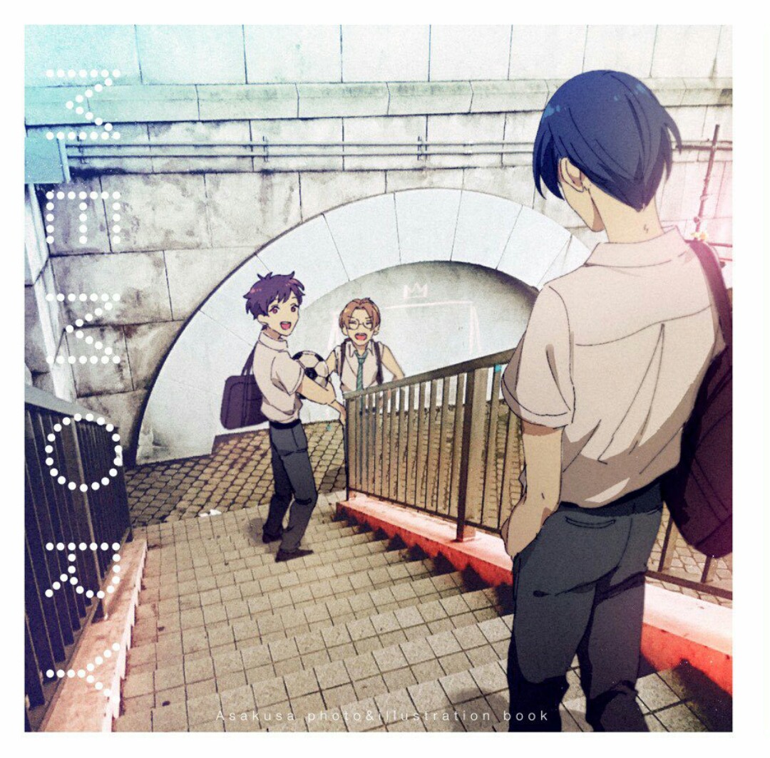 jinnai enta, kuji toi, yasaka kazuki, sarazanmai, commentary request, 3boys, bag, ball, black pants, border, brown hair, english text, green necktie, holding, holding bag, holding ball, multiple boys, necktie, outdoors, pants, photo background, school uniform, shaaark rotta03, shirt, short hair, soccer ball, stairs, white border, white shirt