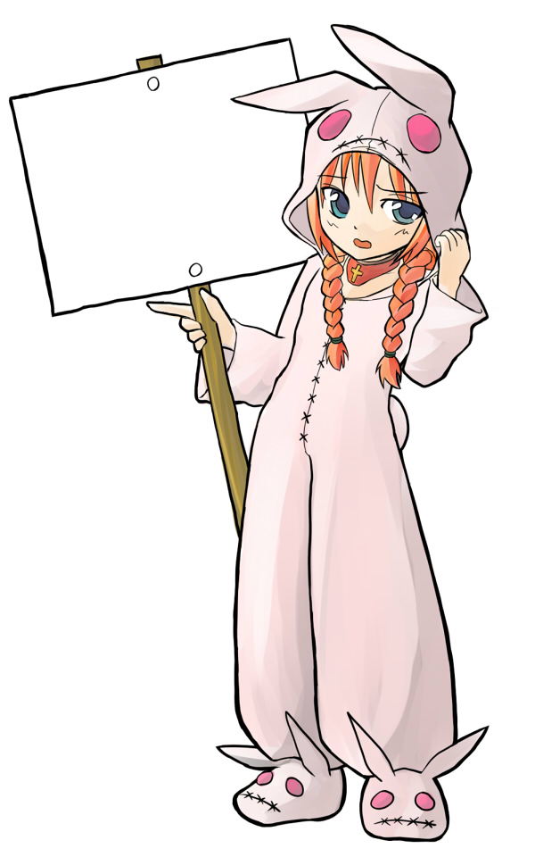 shuusou showa, vita (nanoha), lyrical nanoha, mahou shoujo lyrical nanoha, mahou shoujo lyrical nanoha a's, 00s, 1girl, animal costume, blue eyes, braid, female focus, holding, holding sign, red hair, sign, solo, twin braids