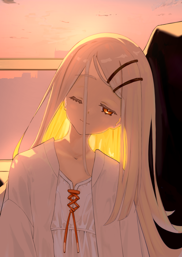 nino (aquarius), producer (idolmaster), shinosawa hiro, gakuen idolmaster, idolmaster, commentary request, 1boy, 1girl, backlighting, black jacket, blonde hair, camisole, earrings, flipped hair, hetero, jacket, jewelry, leaning on person, leaning to the side, light smile, long hair, orange eyes, robe, solo focus, stud earrings, sunset, white camisole, white robe