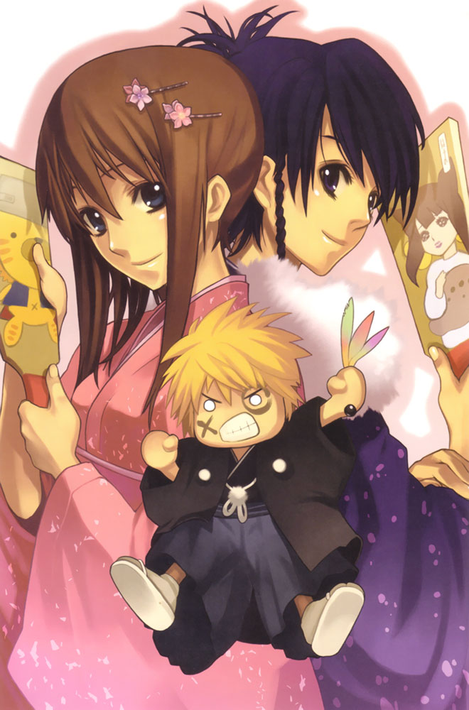 nagi ryou, aurica nestmile, lyner barsett, misha arsellec lune, ar tonelico, ar tonelico i, gust, official art, 00s, 1boy, 2girls, angry, back-to-back, black hair, blonde hair, brown hair, chibi, clenched teeth, japanese clothes, kimono, long sleeves, looking at viewer, multiple girls, teeth