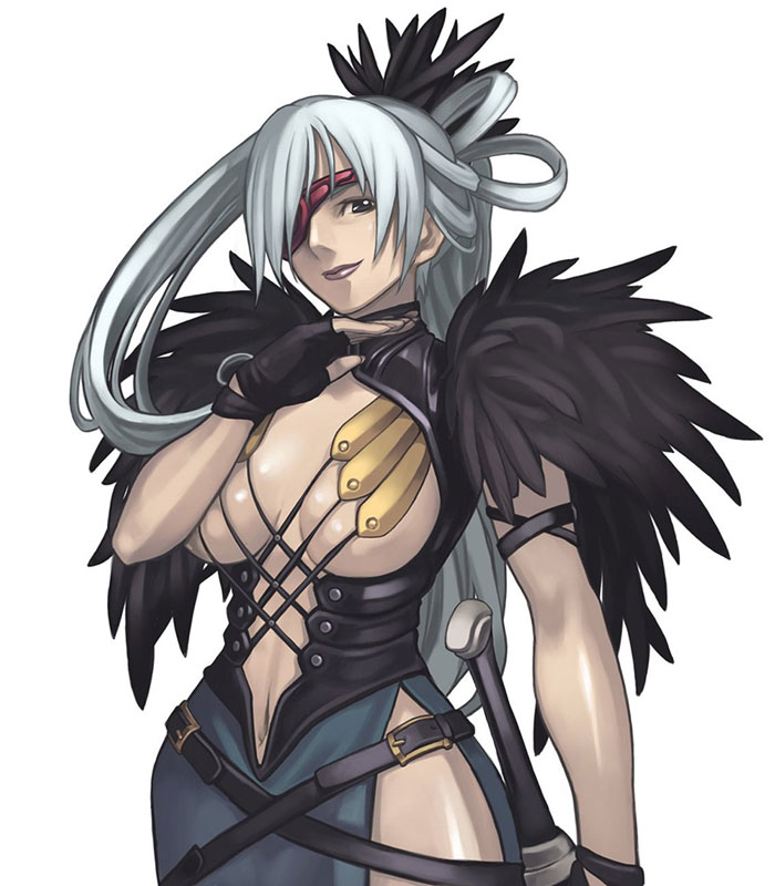nagi ryou, ayano raizer elduke, ar tonelico, ar tonelico i, gust, official art, 00s, 1girl, arm strap, belt, belt skirt, black eyes, black gloves, blue eyes, breasts, breasts apart, buckle, cleavage, cleavage cutout, clothing cutout, cowboy shot, cross-laced clothes, dress, eyepatch, feather hair ornament, feathers, female focus, fingerless gloves, gloves, grey eyes, grey hair, hair ornament, hair over one eye, hair over shoulder, hair rings, half updo, hand up, hip focus, large breasts, light smile, lipstick, long hair, looking at viewer, makeup, multiple belts, navel, navel cutout, parted bangs, revealing clothes, shiny skin, side slit, sideboob, simple background, smile, solo, standing, straight hair, sword, turtleneck, underboob, very long hair, weapon, white background