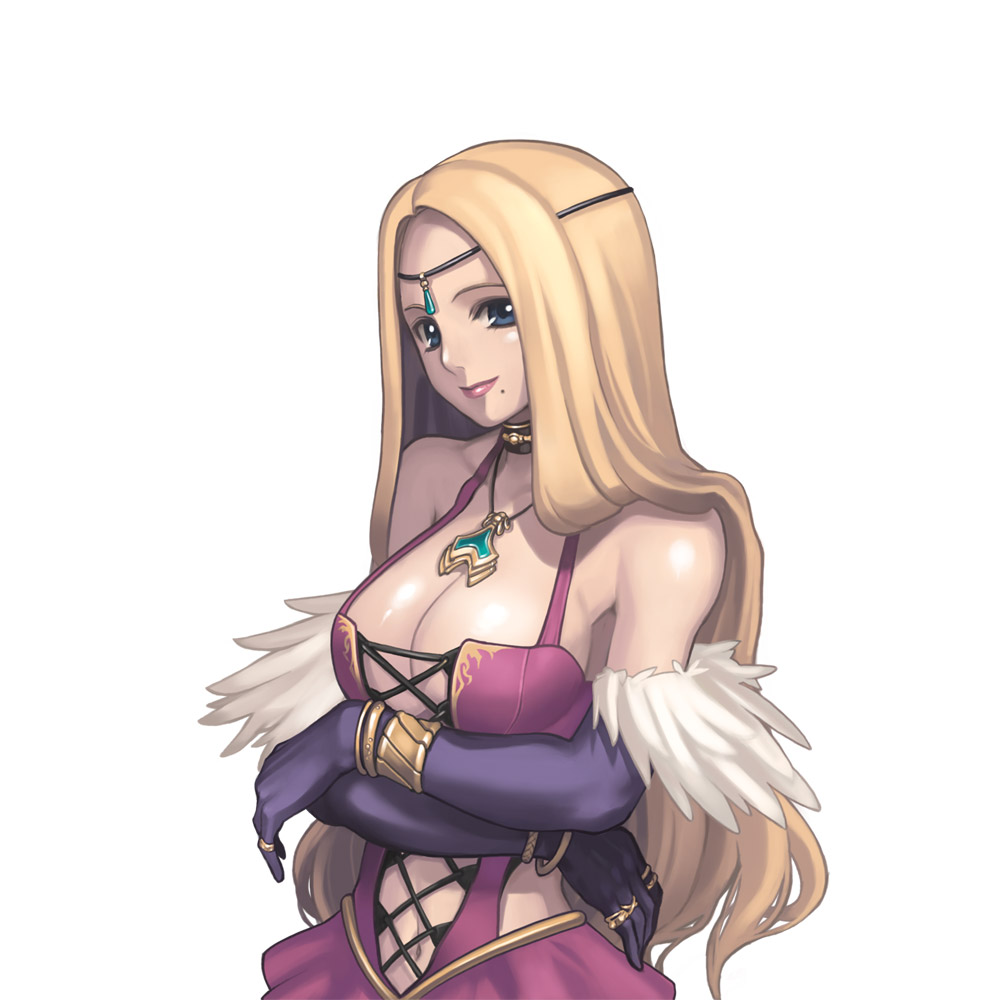 nagi ryou, claire branch, ar tonelico, ar tonelico i, gust, official art, 00s, 1girl, bare shoulders, blonde hair, blue eyes, bracelet, breasts, choker, cleavage, elbow gloves, female focus, gloves, jewelry, large breasts, long hair, necklace, ring, simple background, solo