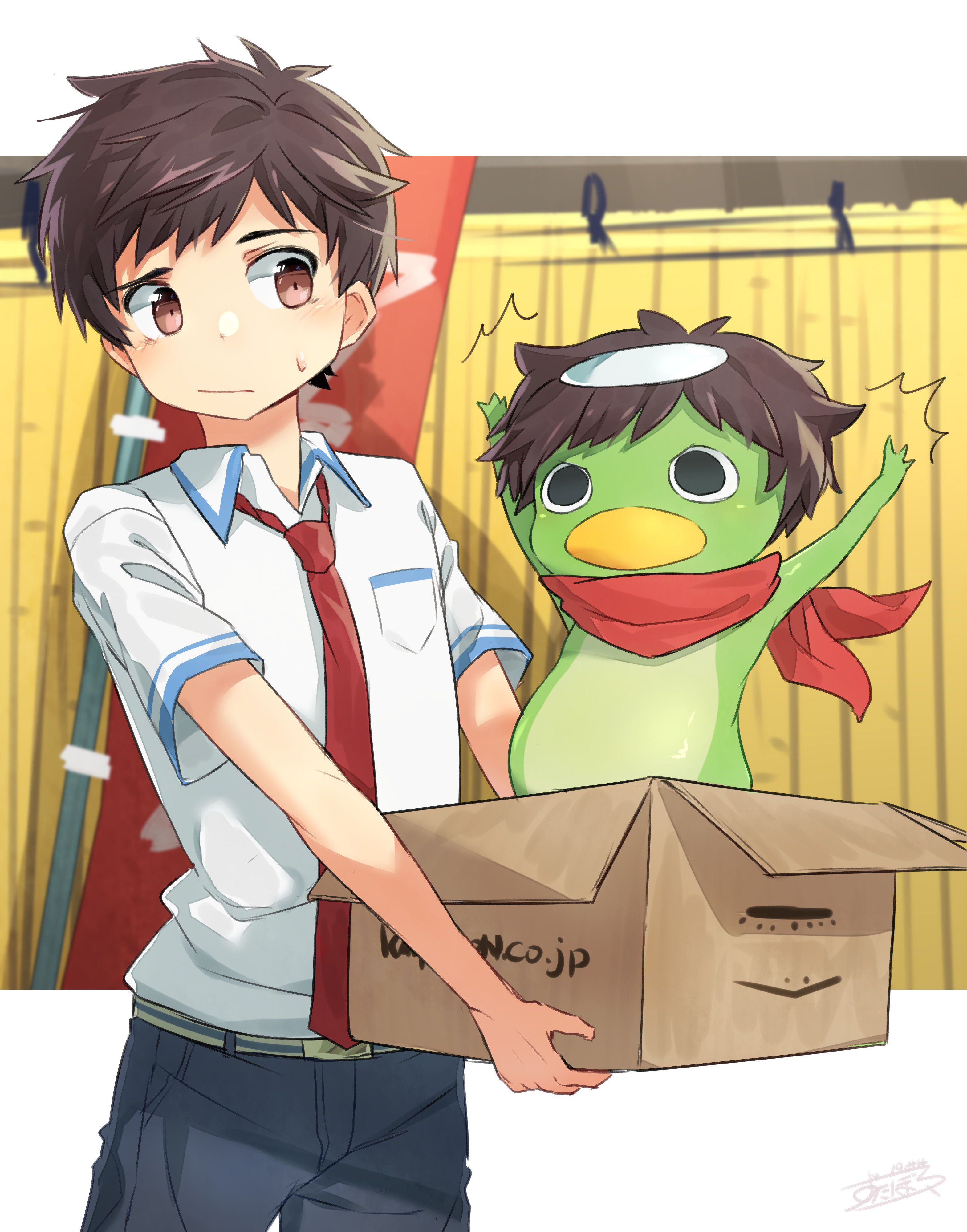 zutaboro, yasaka kazuki, sarazanmai, absurdres, commentary request, highres, 1boy, bandana, belt, box, brown hair, cardboard box, closed mouth, collared shirt, dual persona, grey pants, holding, holding box, kappa, male focus, necktie, nervous, pants, red bandana, red eyes, red necktie, shirt, short sleeves, white shirt