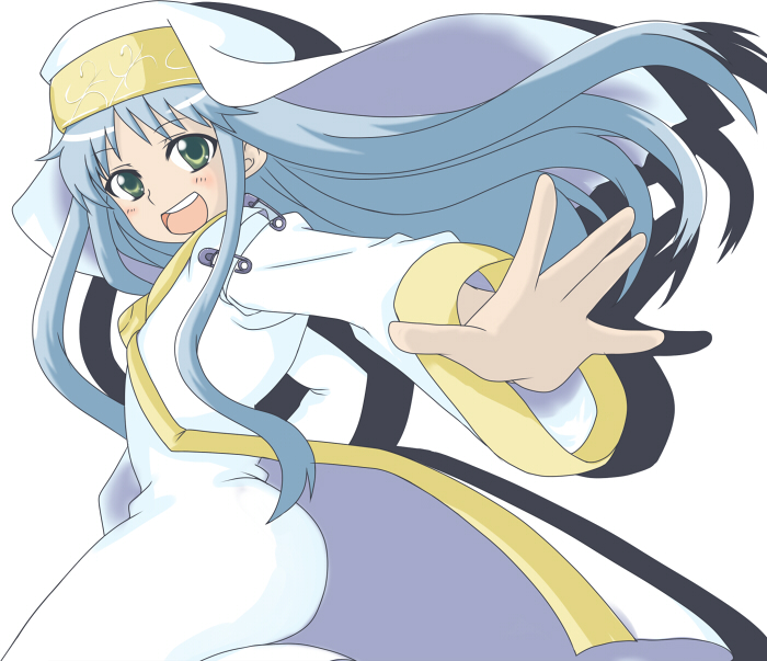 chika (artist), index (toaru majutsu no index), toaru majutsu no index, habit, 00s, 1girl, blue hair, female focus, green eyes, long hair, looking at viewer, open mouth, outstretched arm, smile, solo