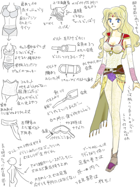 kamata haru nina, rosa farrell, final fantasy, final fantasy iv, 1990s (style), 1girl, arm warmers, belt, blonde hair, breasts, cleavage, collarbone, diagram, female focus, full body, long hair, looking at viewer, retro artstyle, simple background, solo, very long hair, white background