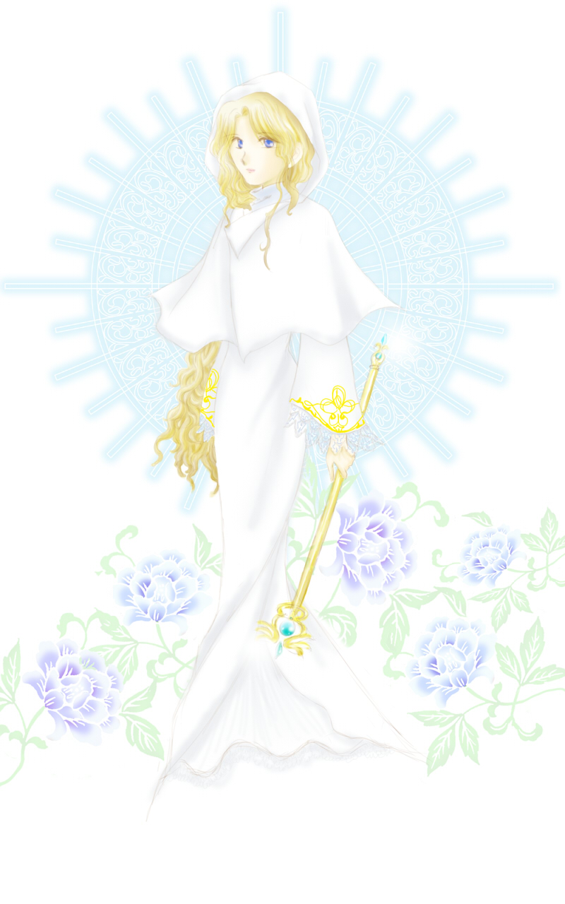 kamata haru nina, rosa farrell, final fantasy, final fantasy iv, highres, 1990s (style), 1girl, blonde hair, blue eyes, female focus, flower, long hair, robe, solo, staff