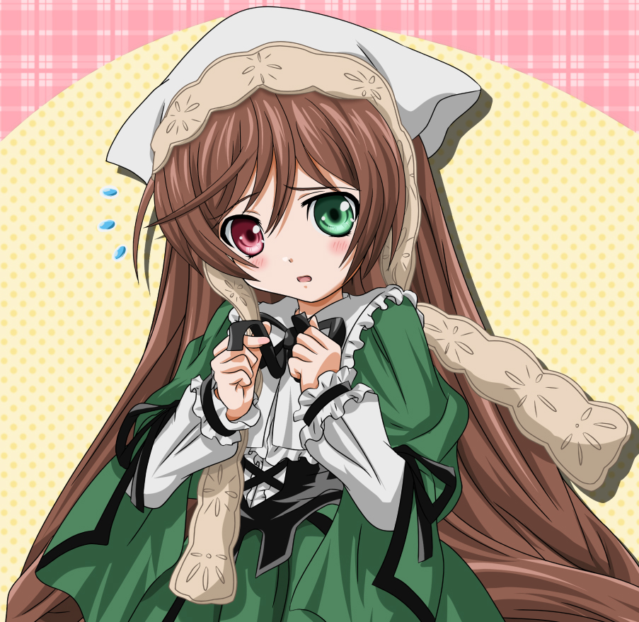 takumi (rozen garten), suiseiseki, rozen maiden, 00s, brown hair, dress, frills, headscarf, heterochromia, long hair, solo, very long hair, white headscarf