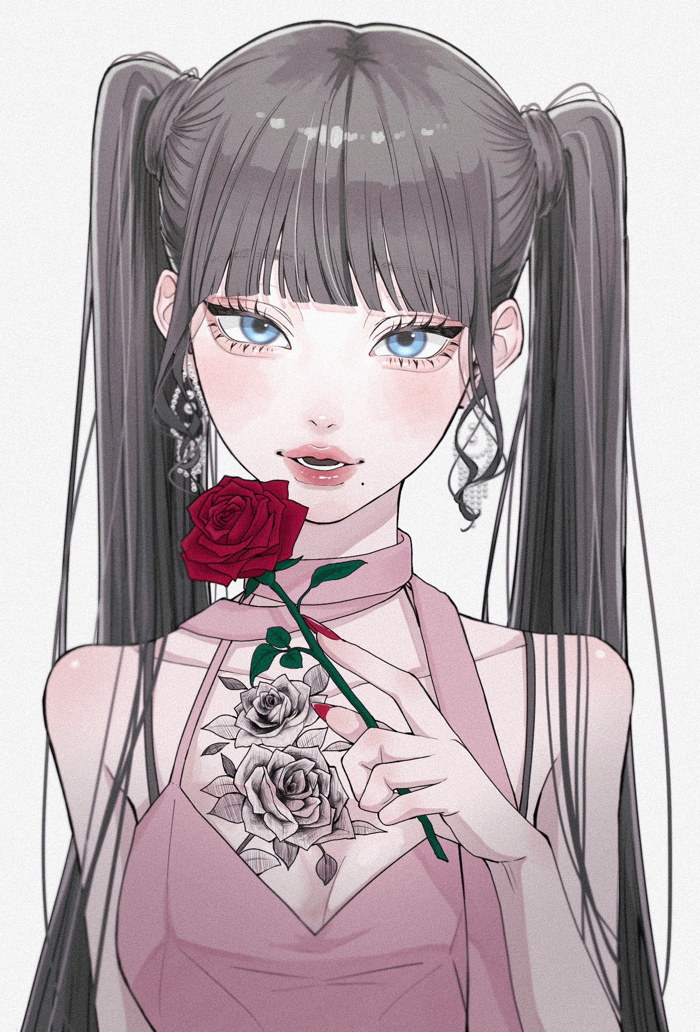 tamori (tamori www), original, highres, 1girl, aegyo sal, blue eyes, blunt bangs, blurry, breast tattoo, brown hair, depth of field, dress, earrings, eyelashes, film grain, fingernails, flower, flower tattoo, holding, holding flower, jewelry, long fingernails, long hair, looking at viewer, modeling, mole, mole under eye, nail polish, parted lips, pearl earrings, pink dress, pink scarf, red flower, red nails, red rose, rose, scarf, simple background, sleeveless, sleeveless dress, straight hair, tattoo, thick lips, twintails, upper body, wavy sidelocks, white background