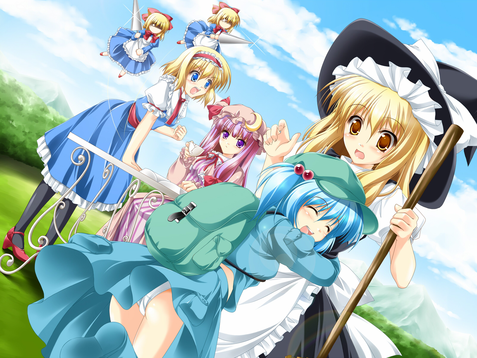 kamiya tomoe, alice margatroid, kawashiro nitori, kirisame marisa, patchouli knowledge, shanghai doll, touhou, highres, 4girls, angry, bag, blonde hair, blue hair, capelet, doll, dress, female focus, hair bobbles, hair ornament, hairband, hug, jealous, long hair, multiple girls, panties, purple hair, ribbon, short hair, table, thighhighs, two side up, underwear, white panties
