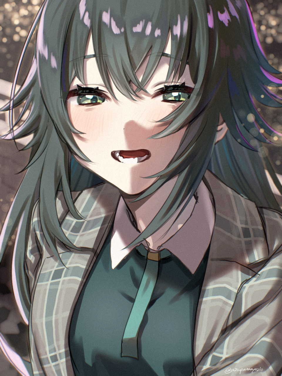 asupa mayo0210, tsukimura temari, gakuen idolmaster, idolmaster, commentary, highres, 1girl, blush, coat, green eyes, green hair, green shirt, grey coat, hair flaps, long hair, looking at viewer, shirt, smile, solo, upper body