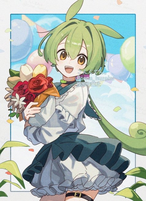 corn kuten, zundamon, voicevox, commentary, symbol-only commentary, 1girl, :d, animal ears, balloon, belt, black choker, border, bouquet, bow, choker, cloud, confetti, cowboy shot, day, double-parted bangs, flower, green hair, green sailor collar, green skirt, hair between eyes, hair bow, holding, holding bouquet, long hair, long sleeves, looking at viewer, low ponytail, open mouth, outdoors, outside border, pink bow, ponytail, red flower, red rose, rose, sailor collar, shirt, skirt, smile, solo, thigh belt, thigh strap, tulip, watermark, white border, white flower, white shirt, white tulip, yellow eyes, yellow flower, yellow tulip