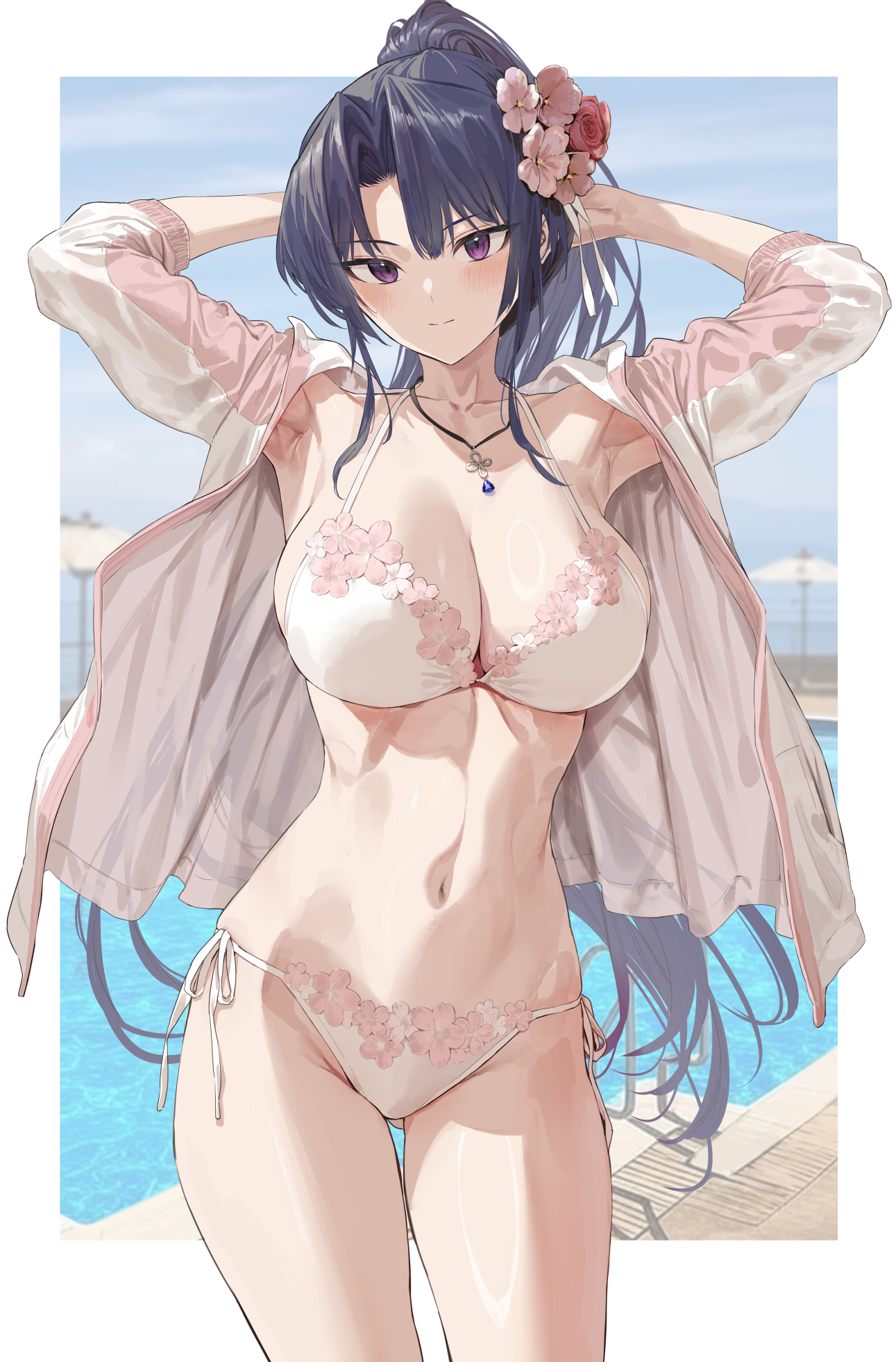 hiiragi yuuichi, kanzaki ouka, kendo shoujo, commentary request, highres, 1girl, armpits, arms behind head, arms up, black hair, blush, border, bra, breasts, cleavage, closed mouth, floral print, floral print bra, floral print panties, flower, gluteal fold, hair flower, hair ornament, high ponytail, jacket, jewelry, large breasts, long hair, long sleeves, looking at viewer, midriff, multicolored jacket, navel, necklace, open clothes, open jacket, outside border, panties, parted bangs, pink bra, pink jacket, pink panties, ponytail, print panties, purple eyes, side-tie panties, solo, stomach, thighs, two-tone jacket, underwear, very long hair, white border, white jacket