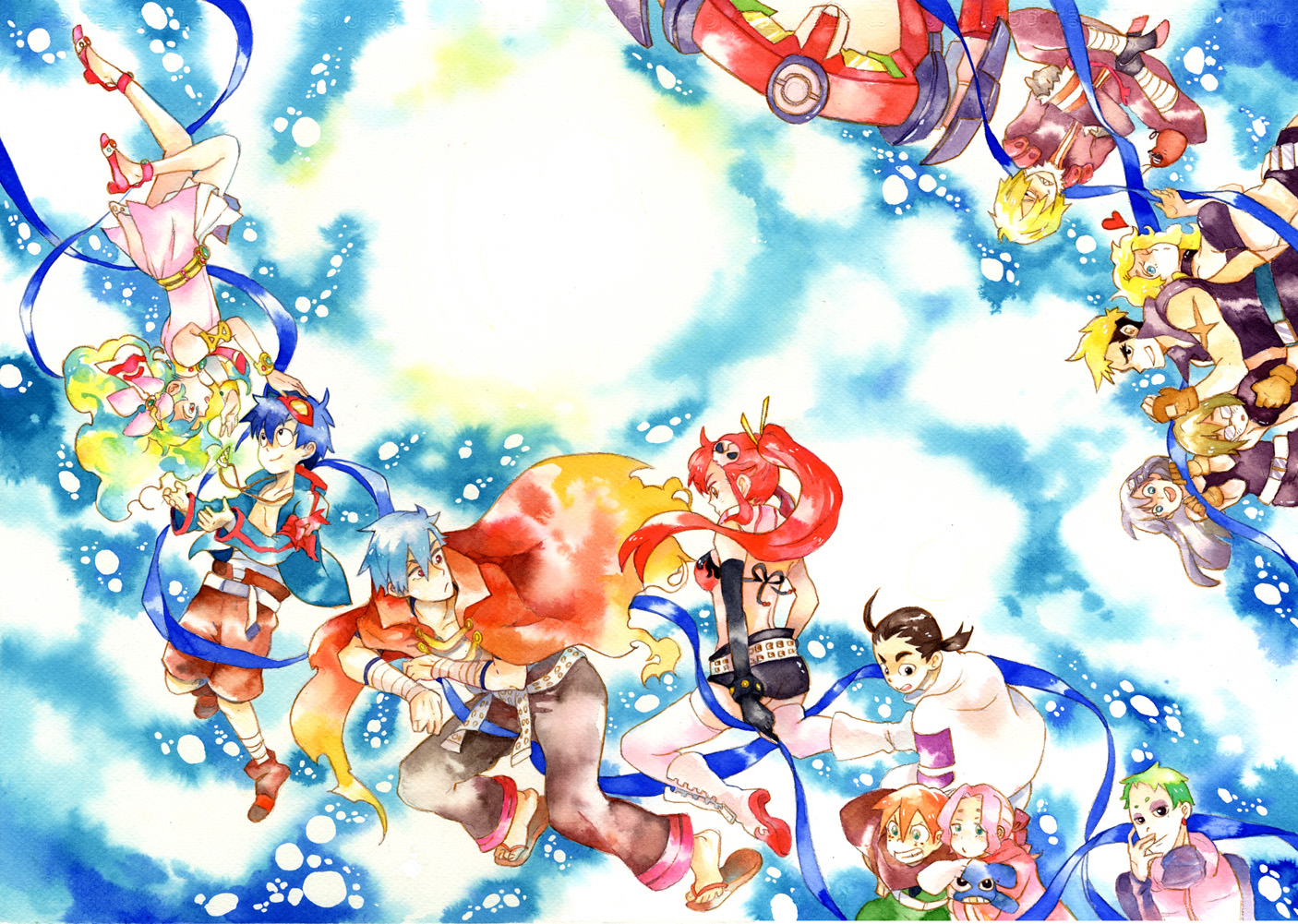 hoshitsu, boota (ttgl), darry adai, gimmy adai, kamina (ttgl), kinon bachika, kittan bachika, kiyal bachika, kiyoh bachika, lagann, nia teppelin, rossiu adai, simon (ttgl), viral (ttgl), yoko littner, tengen toppa gurren lagann, 00s, 6+boys, 6+girls, cloud, everyone, multiple boys, multiple girls, ribbon