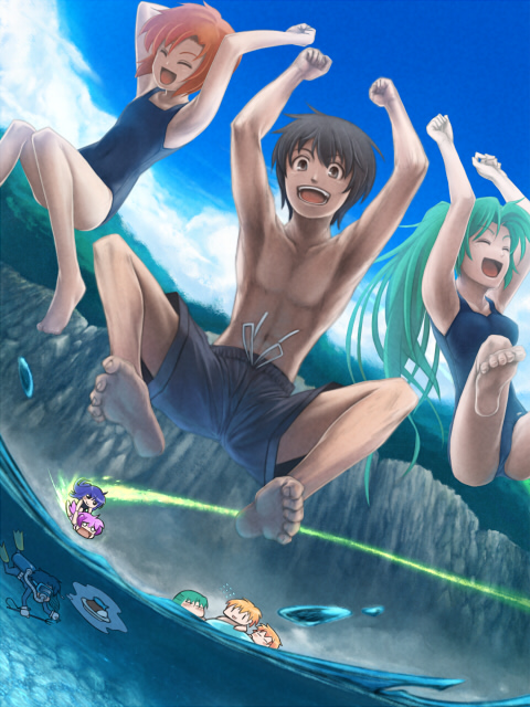 lain, chie rumiko, furude rika, hanyuu, houjou satoko, houjou satoshi, maebara keiichi, ryuuguu rena, sonozaki mion, sonozaki shion, higurashi no naku koro ni, bad id, 00s, 3boys, 6+girls, barefoot, black male swimwear, black swim trunks, blonde hair, blue hair, blue one-piece swimsuit, blue school swimsuit, brown eyes, brown hair, closed eyes, drawstring, feet, green hair, long hair, male swimwear, multiple boys, multiple girls, new school swimsuit, ocean, one-piece swimsuit, purple hair, red hair, school swimsuit, short hair, siblings, sisters, smile, swim trunks, swimsuit, twins
