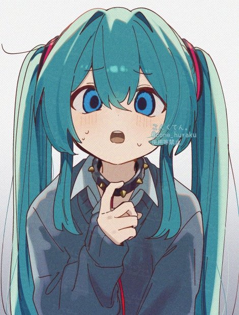 corn kuten, hatsune miku, vocaloid, commentary, 1girl, artist name, black collar, black sweater, blue eyes, blue hair, blush, collar, double-parted bangs, hair between eyes, hand up, long hair, long sleeves, looking at viewer, open mouth, solo, spiked collar, spikes, sweat, sweater, twintails, twitter username, upper body, watermark, wing collar