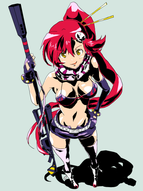 hatsumic, yoko littner, tengen toppa gurren lagann, bad id, bad pixiv id, 00s, belt, bikini, bikini top only, boots, chopsticks, gloves, gun, hair ornament, hairclip, long hair, midriff, ponytail, red hair, rifle, scarf, shadow, shorts, skull, skull hair ornament, smile, solo, striped clothes, striped scarf, swimsuit, thighhighs, very long hair, weapon, yellow eyes, zettai ryouiki
