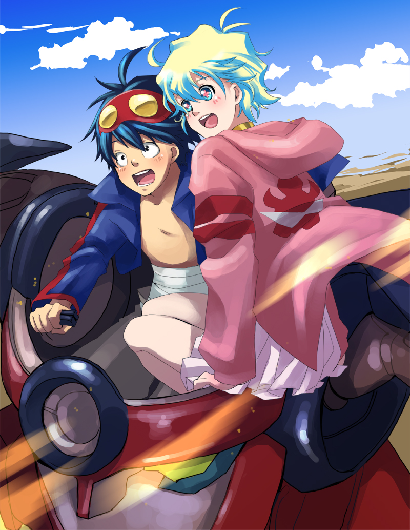 mushi kei, nia teppelin, simon (ttgl), tengen toppa gurren lagann, 00s, 1boy, 1girl, ahoge, blue hair, blush, cloud, couple, day, goggles, goggles on head, hetero, hood, hoodie, multicolored hair, short hair, sky