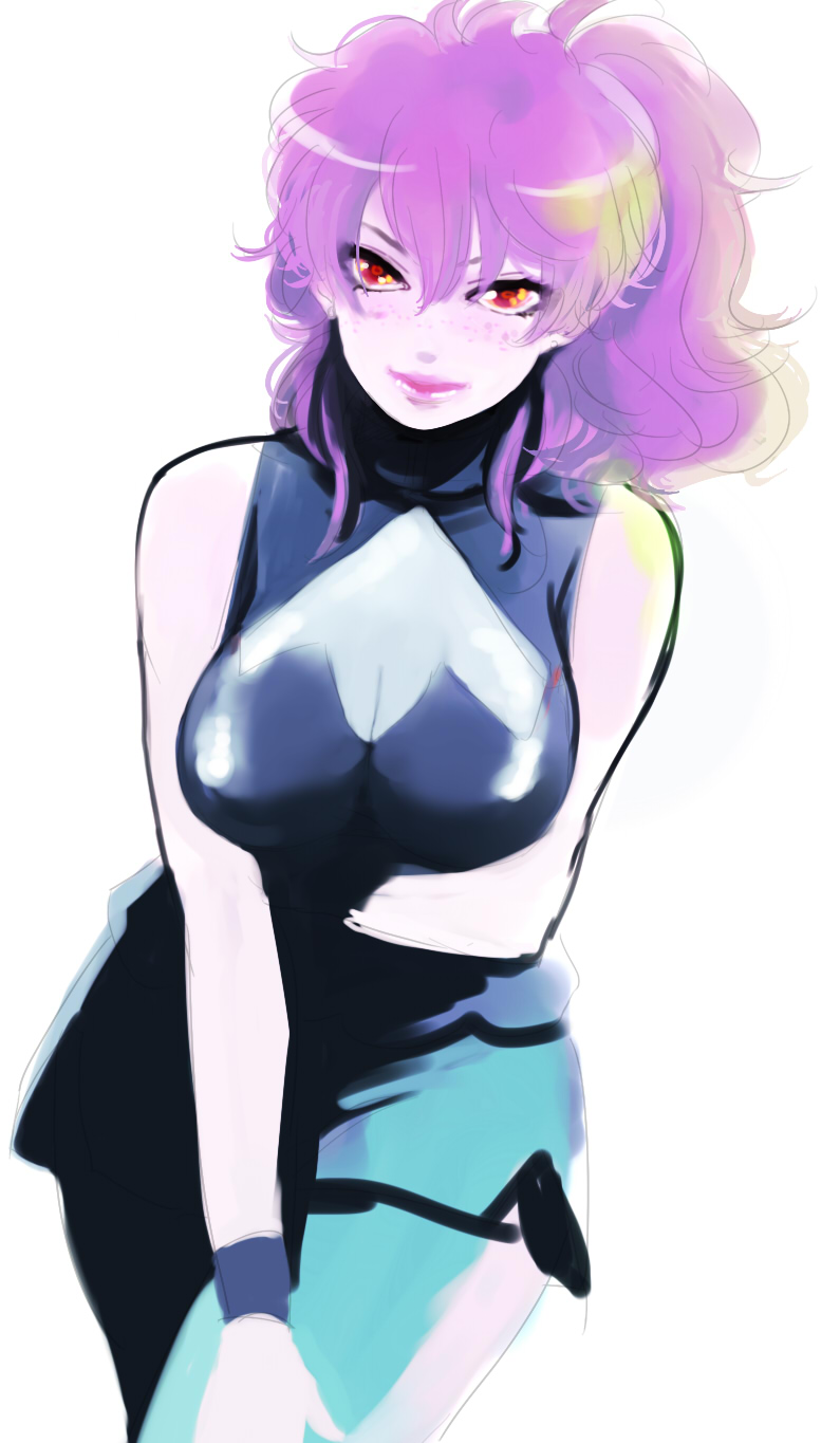 muto25, nena trinity, gundam, gundam 00, bad id, bad pixiv id, highres, 00s, 1girl, breasts, cleavage, female focus, freckles, large breasts, lipstick, makeup, orange eyes, purple hair, side ponytail, solo