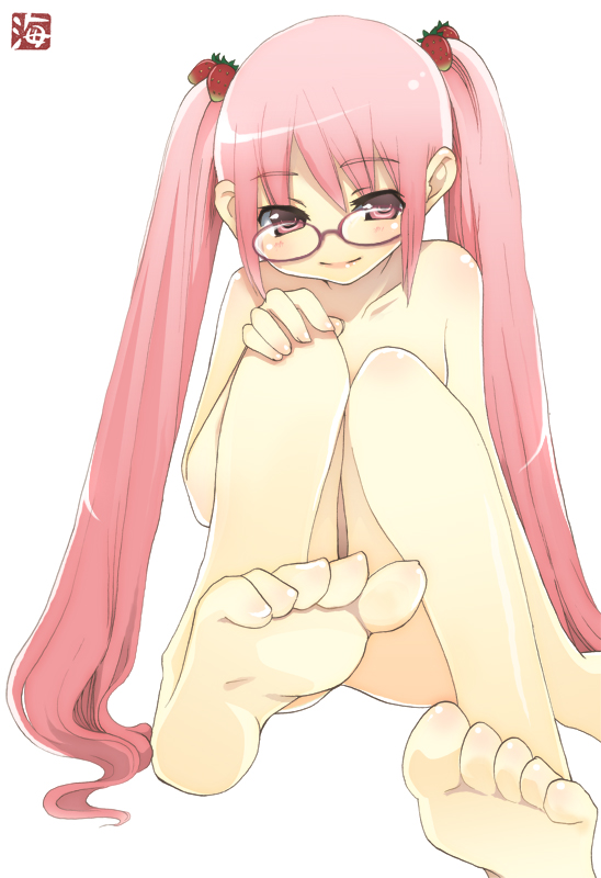 kaisanbutsu, original, 1girl, bad anatomy, bad feet, barefoot, feet, female focus, food, food-themed hair ornament, fruit, glasses, hair ornament, hairclip, long hair, nude, pink eyes, pink hair, poorly drawn, solo, strawberry, strawberry hair ornament, twintails, very long hair