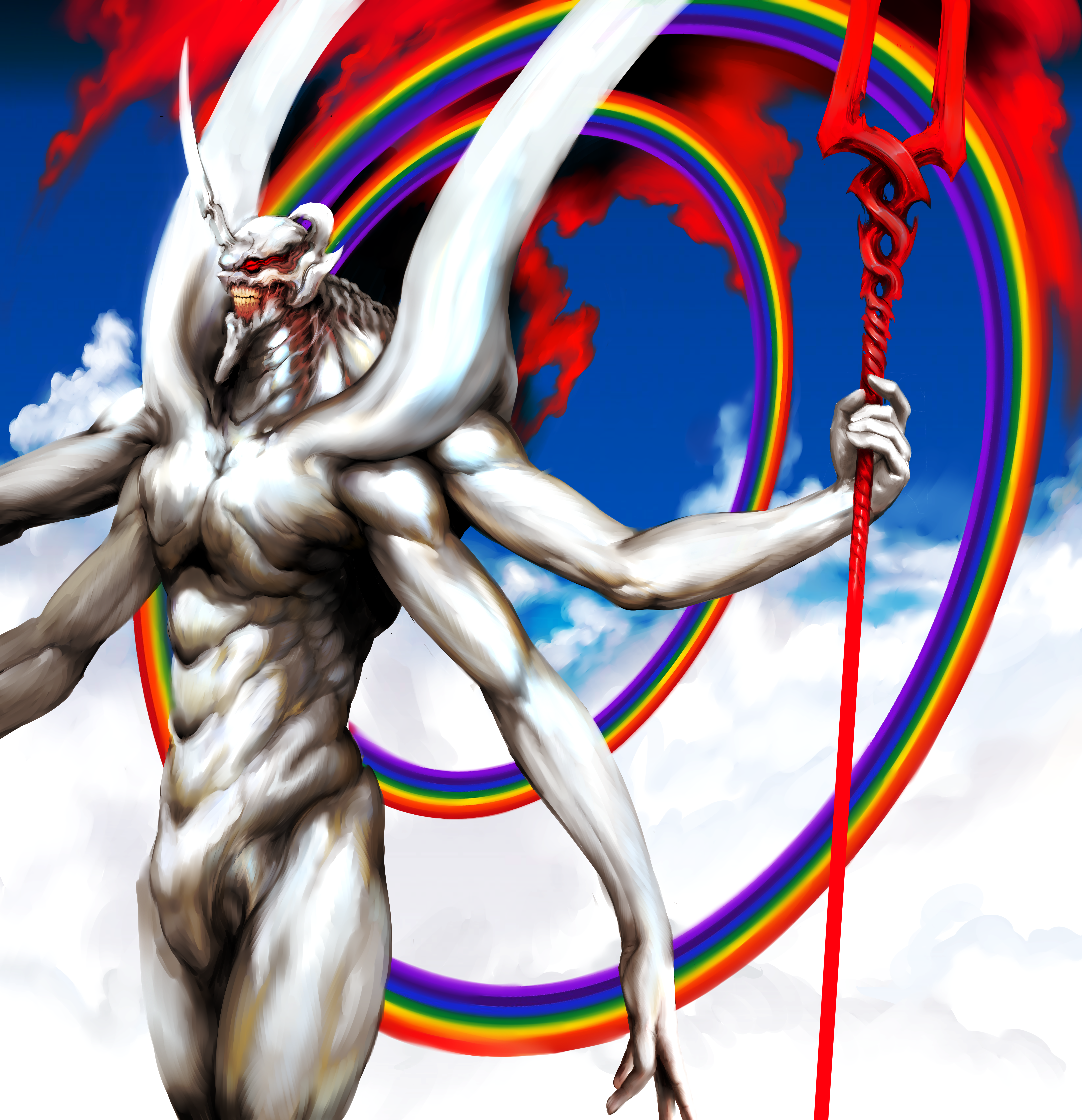 witnesstheabsurd, eva 13, evangelion: 3.0 you can (not) redo, neon genesis evangelion, rebuild of evangelion, absurdres, highres, 1other, biomechanical, clenched teeth, cloud, colored skin, cowboy shot, evangelion (mecha), extra arms, halo, horns, lance of longinus (evangelion), monster, multicolored halo, pointy chin, rainbow halo, red eyes, single horn, teeth, white skin