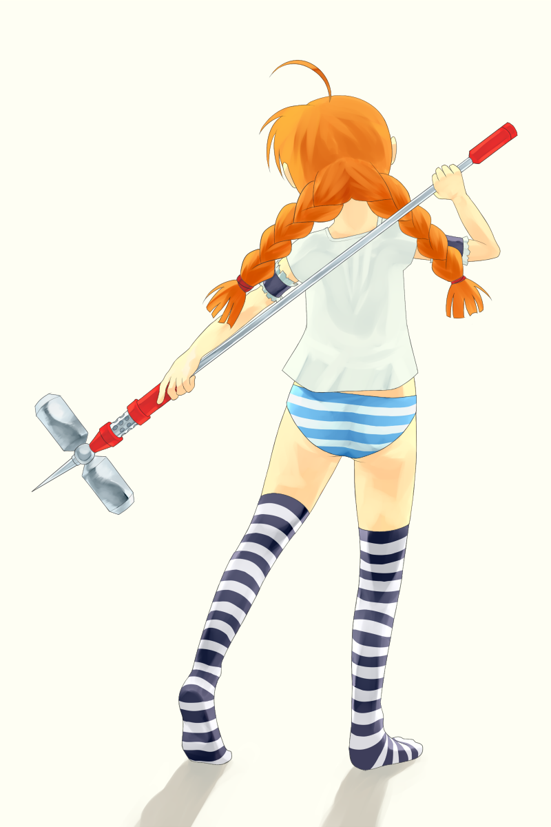 shuusou showa, graf eisen, vita (nanoha), lyrical nanoha, mahou shoujo lyrical nanoha, mahou shoujo lyrical nanoha a's, highres, 00s, 1girl, ahoge, armband, ass, braid, female focus, panties, red hair, shirt, solo, striped clothes, striped panties, striped thighhighs, t-shirt, thighhighs, twin braids, underwear