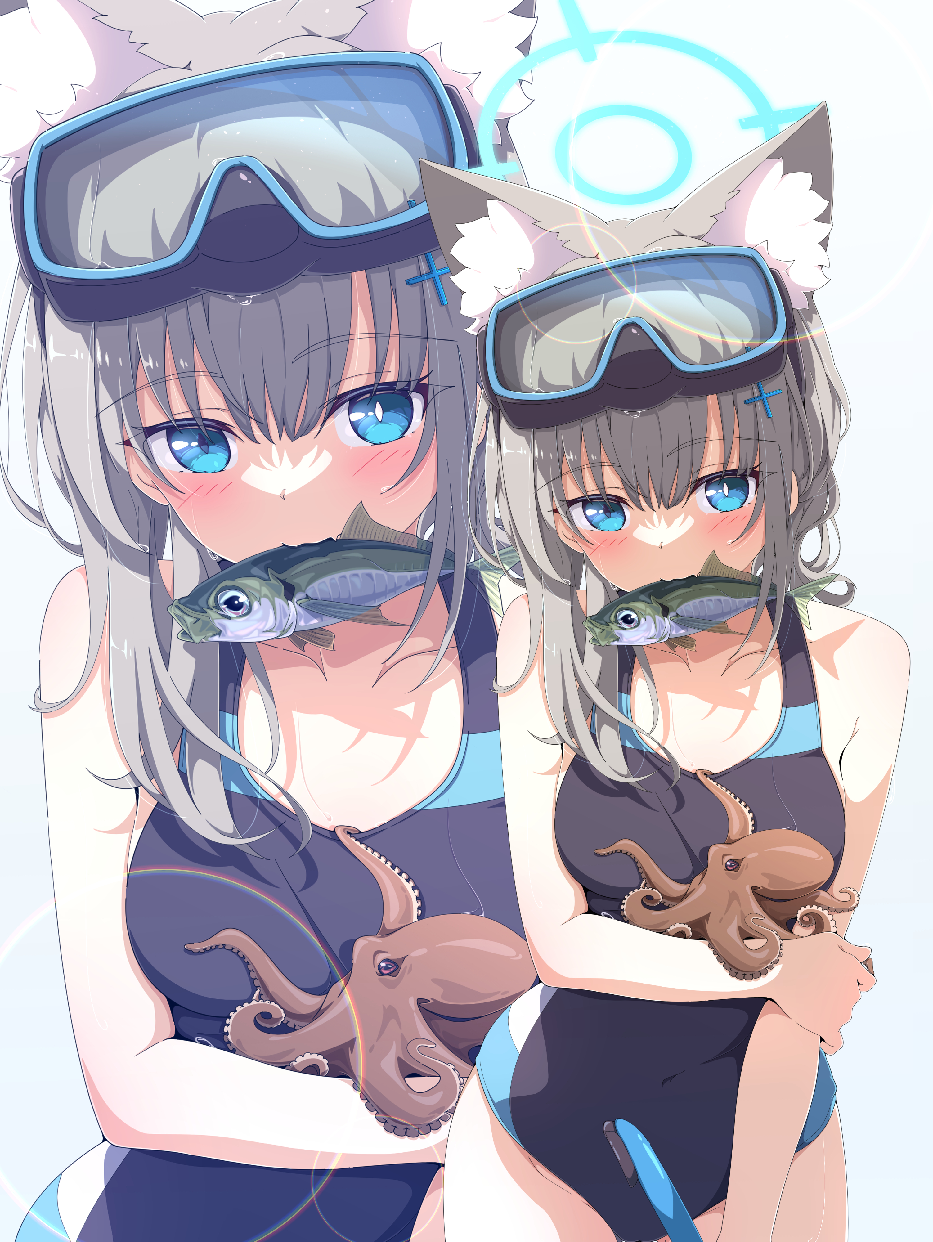 kame (nokonoko10271), shiroko (blue archive), shiroko (swimsuit) (blue archive), blue archive, absurdres, highres, 1girl, animal, animal ear fluff, animal ears, bare arms, bare shoulders, black one-piece swimsuit, blue eyes, blue halo, blush, extra ears, fish in mouth, goggles, goggles on head, grey hair, halo, holding, holding animal, long hair, octopus, official alternate costume, one-piece swimsuit, sidelocks, solo, swim goggles, swimsuit, wolf ears, wolf girl, zoom layer
