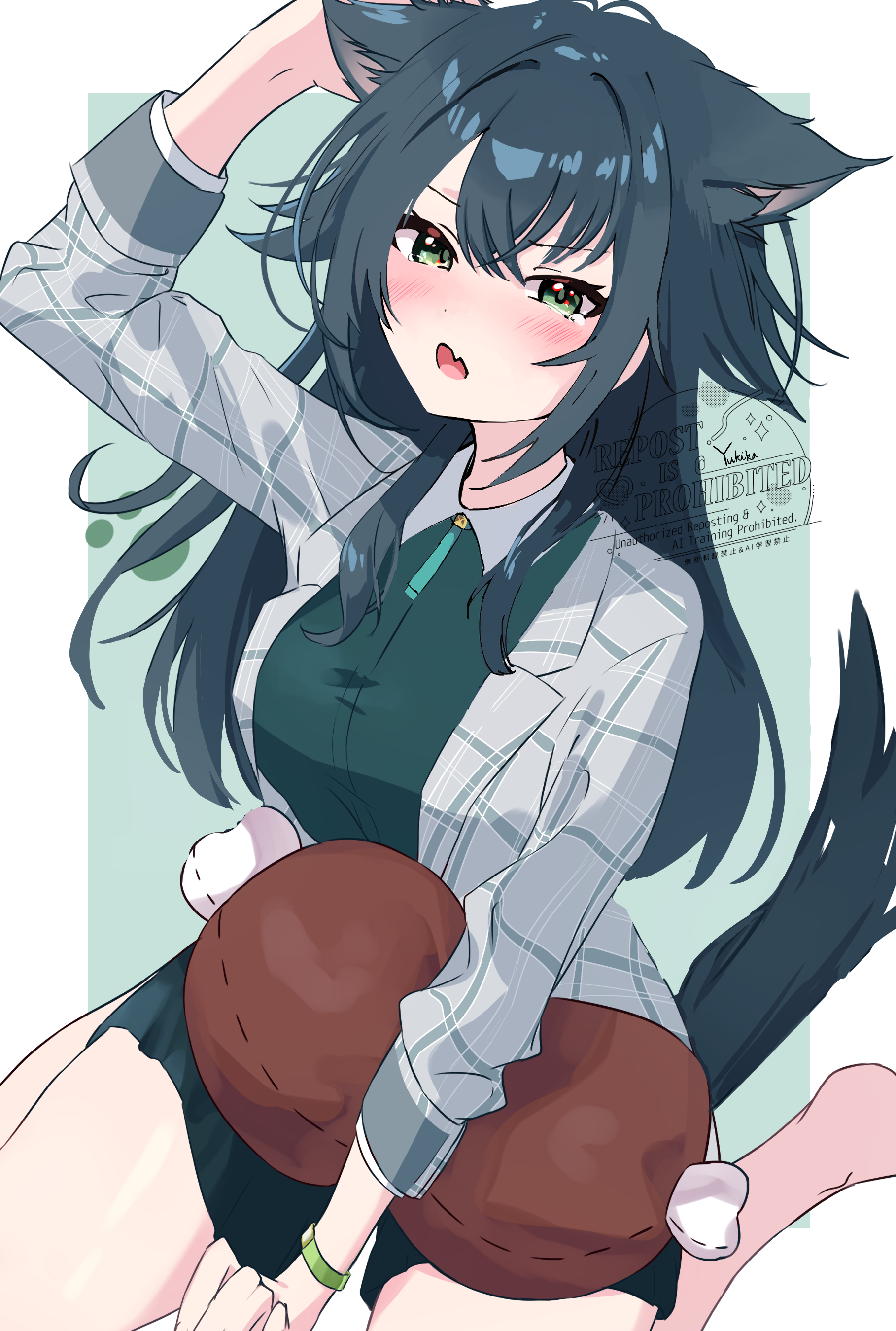 yukika (fxrz7372), tsukimura temari, gakuen idolmaster, idolmaster, absurdres, commentary request, highres, 1girl, :o, animal ears, bare legs, barefoot, blush, boned meat, breasts, coat, dog ears, dog tail, fang, food, food-themed pillow, green eyes, green hair, green shirt, grey coat, kemonomimi mode, long hair, looking at viewer, meat, medium breasts, shirt, sitting, skin fang, solo, tail, tears, very long hair, wariza, watermark